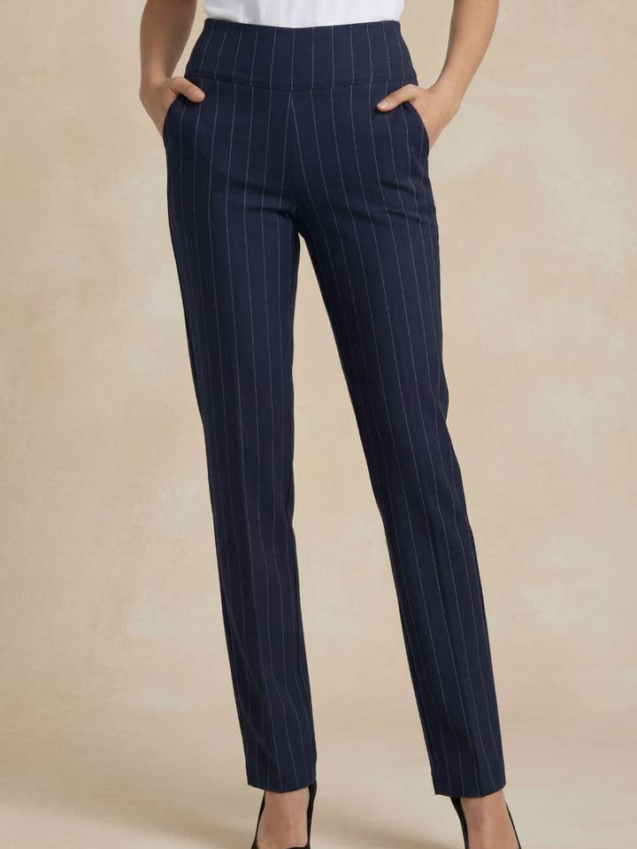 NINA STRAIGHT LEG PANT: NAVY PINSTRIPE for wholesale by KiraGrace
