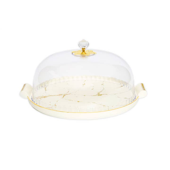 Hvid Porcelæn Cake Dome Med Guld Design for engroshandel hos CLASSIC TOUCH DECOR INC.