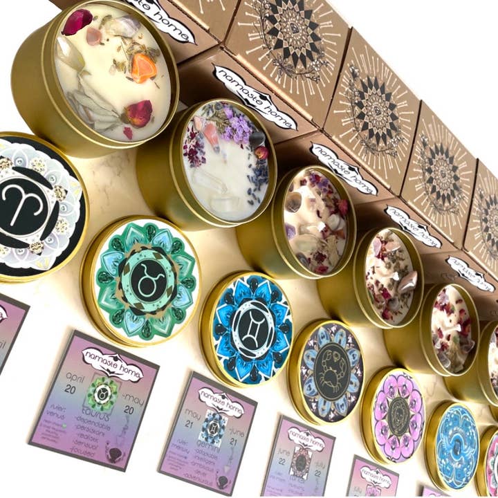 Namaste Home - Wholesale Travel Candles - 12 Pack of Zodiac Candles, 1 of Each Sign, Crystal Candles