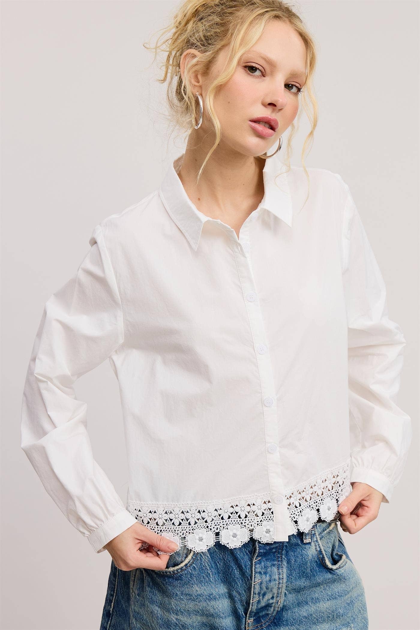 Mimosa - Wholesale Button Down Shirt - Women's - Embroidered Hem Button Down Blouse6