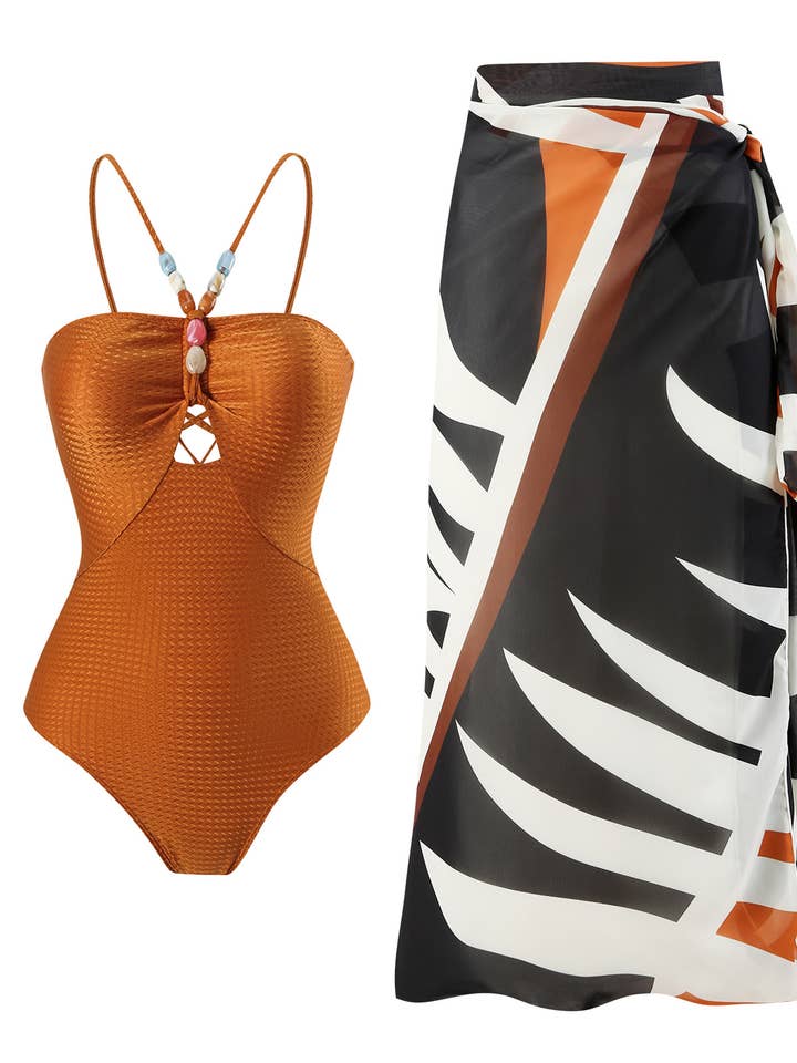 stappyless cutout one piece swimsuit cover-up 2 piece set for wholesale by HIDDENBRAND