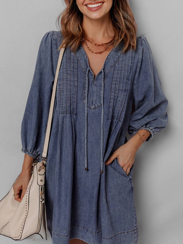Sail Blue 3/4 Sleeve Tied V Neck Pleated Denim Mini Dress for wholesale on Faire0