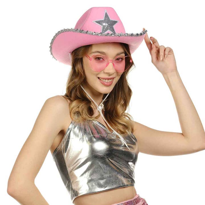 Funcredible - Wholesale Cowboy Hat - Women's - Pink Cowgirl Hat with Heart Glasses - Pink Cowboy Hat5