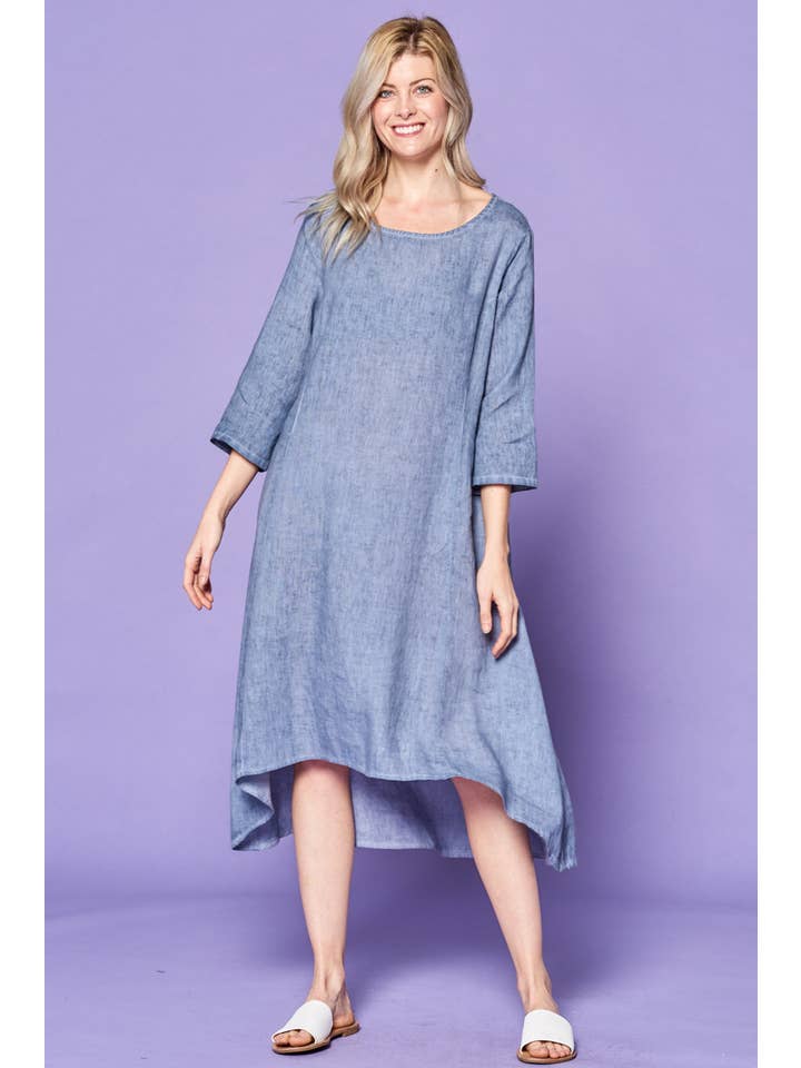 Focus Fashion - Wholesale Dress - Women's - French Linen 3/4 Sleeve Midi Length Dress