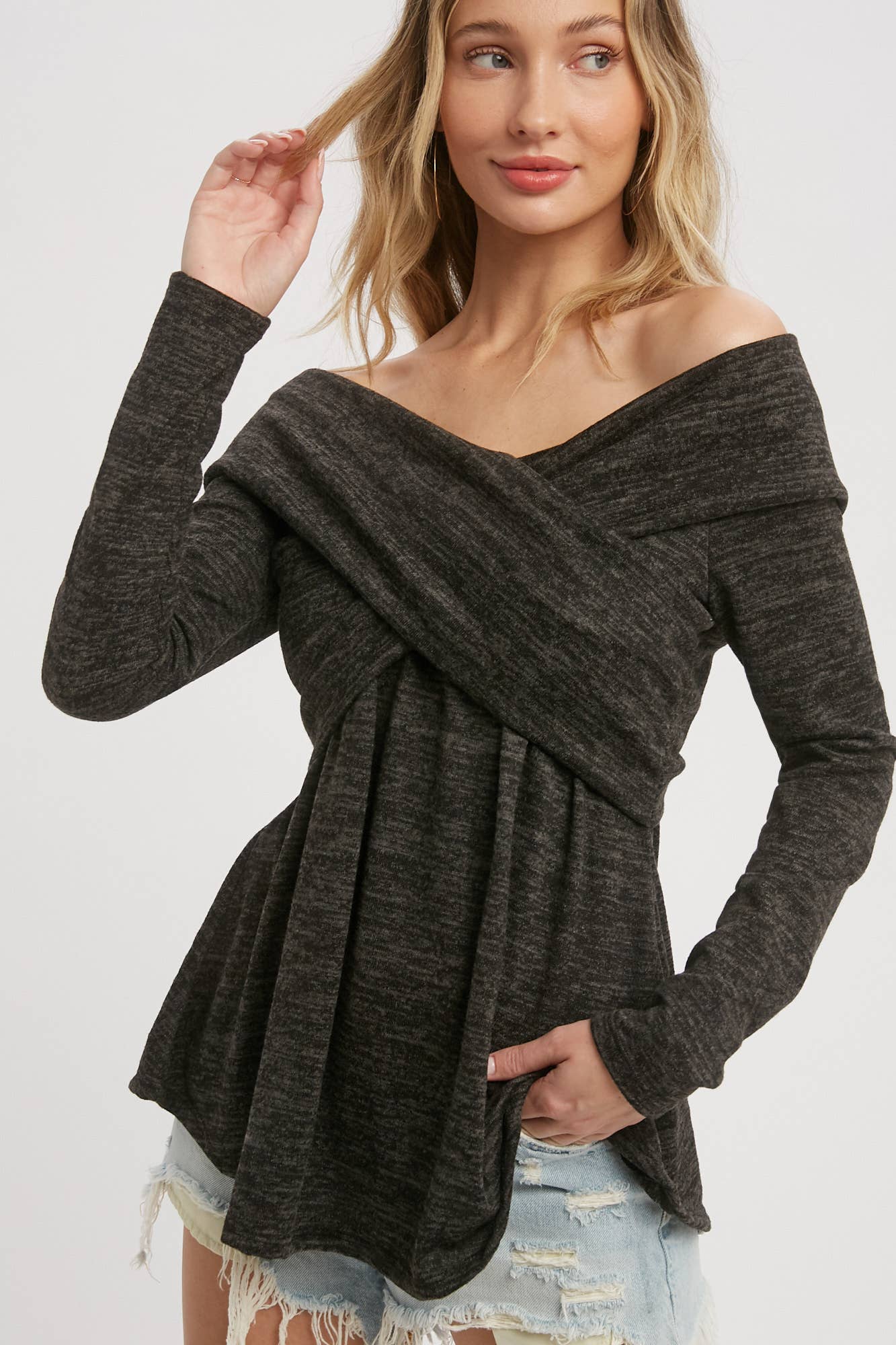 Bluivy - Wholesale Knit Top - Women's - MARLED KNIT CROSSOVER OFF SHOULDER TOP0