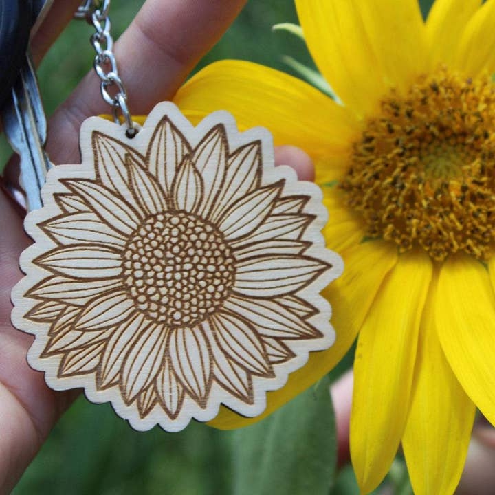 Lady Laser Co - Vendita all'ingrosso Portachiavi - Donna - Portachiavi in legno di girasole, simpatico regalo per lei