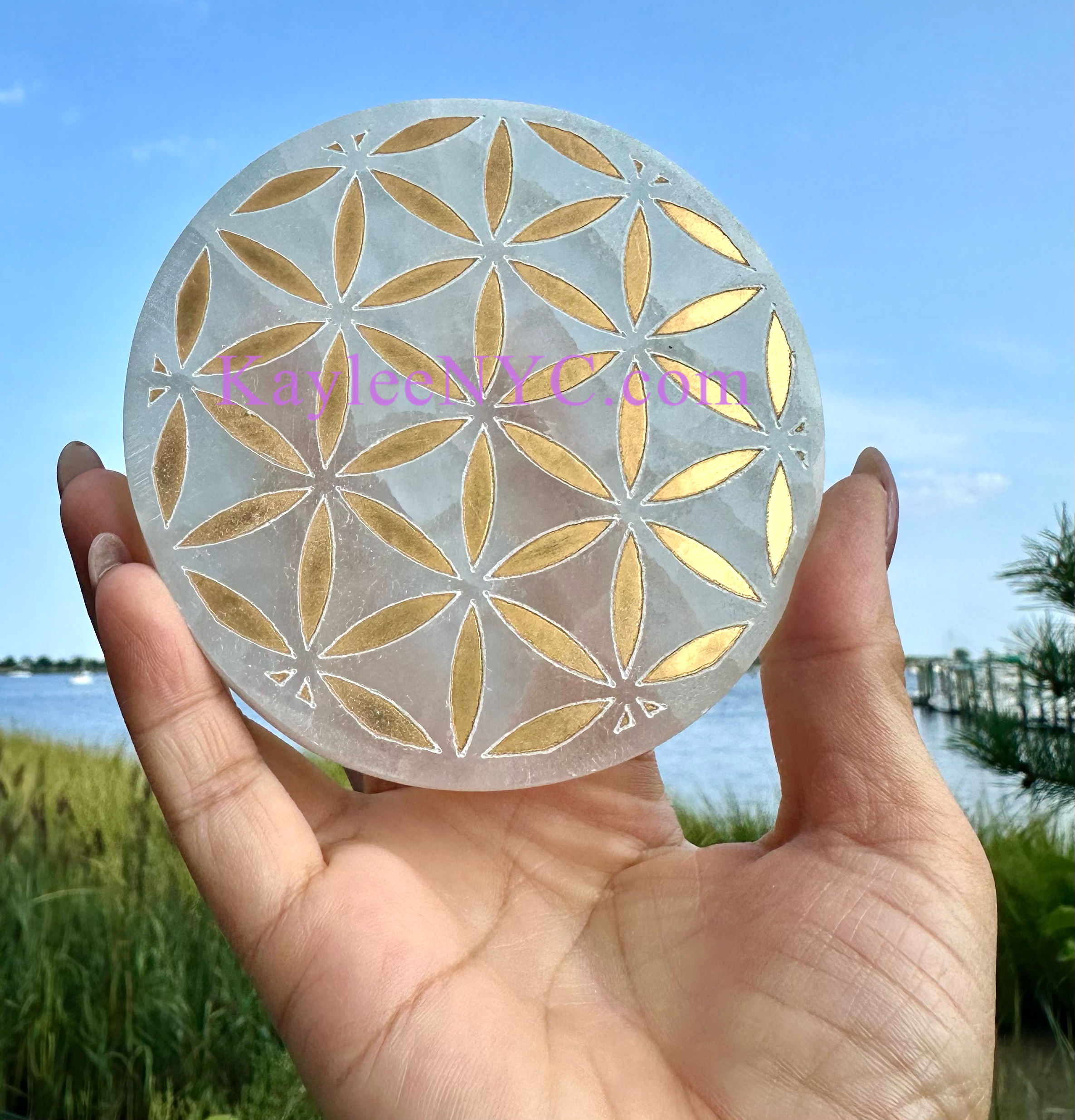 KayleeNYC - Wholesale Crystal Charging Plate - Selenite aka Satin Spar Flower of Life Charging Plate3