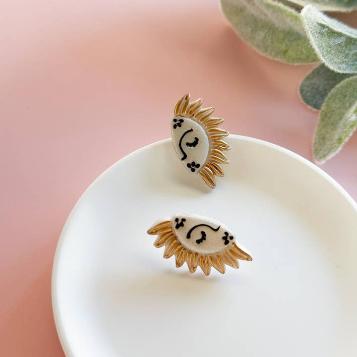 Lotus of clay - Wholesale Stud/Post Earrings - Sun statement stud earrings, handmade celestial sun studs 3