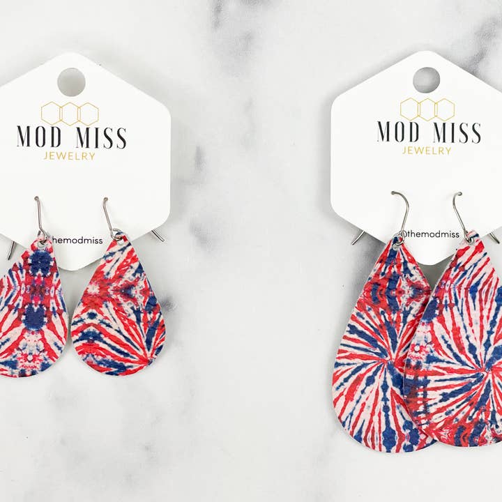 Tie Dye Patriotic Leather Teardrop Earrings for wholesale by The Mod Miss