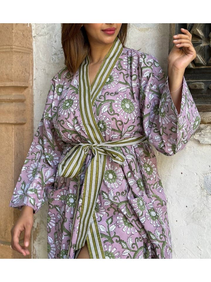 Essential Designs London - Vendita all'ingrosso Kimono - Donna - Vestaglia estiva in puro cotone con stampa indiana a blocchi, con stampa a blocchi, motivo floreale, copricostume da spiaggia, comodo, blu, rosa, verde, Gardenia Blossom Summer Dream