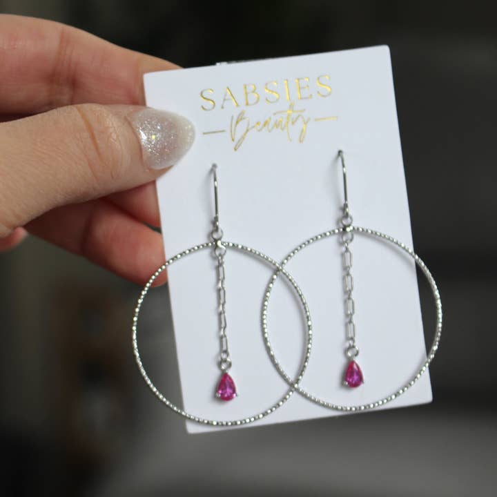 Silver and Magenta Crystal Dangle Hoop for wholesale by Sabsies Beauty
