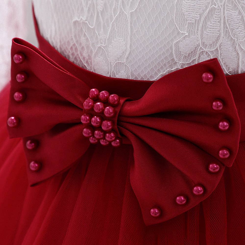 MyKids-USA® - Wholesale Dress - Baby - Baby Girl Bow Patched Design Long Sleeves Full Moon Christening Mesh Formal Dress2