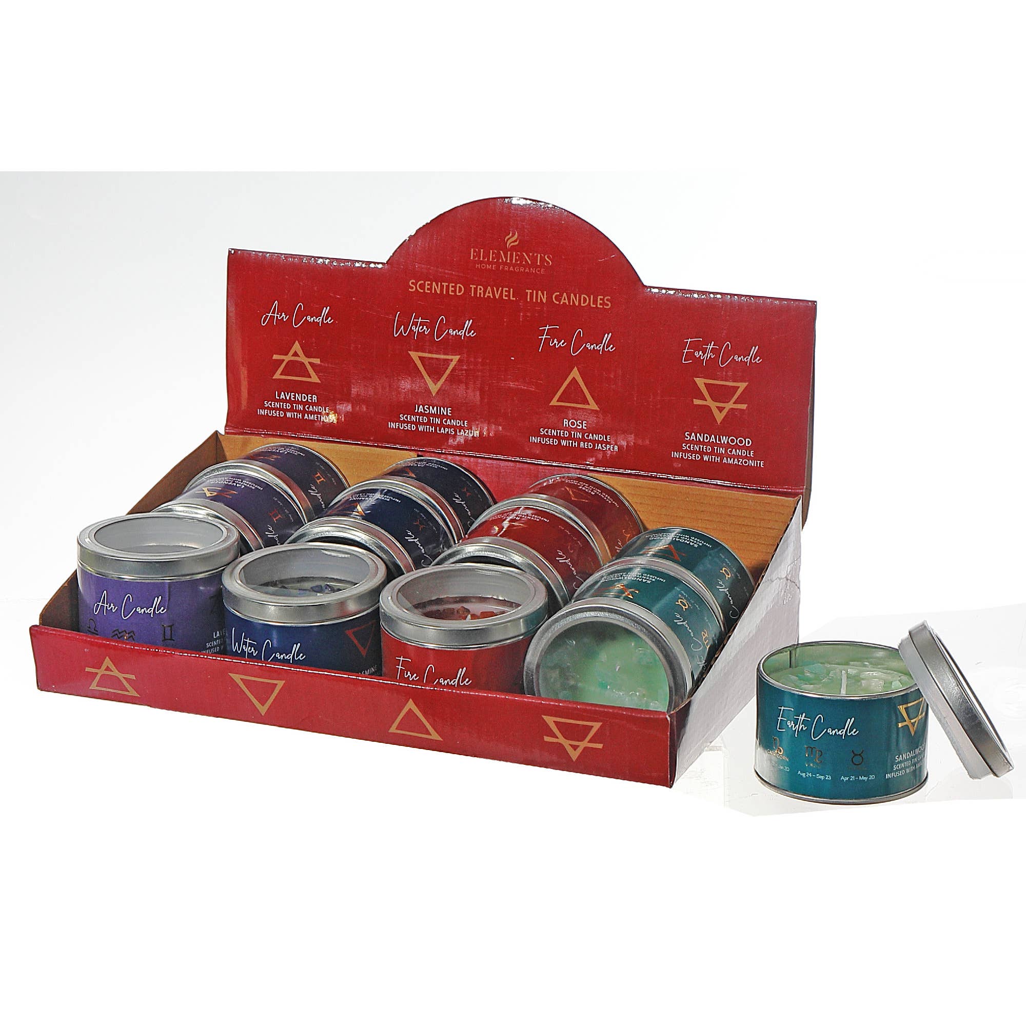 Multi Element Candle In Tin Container 12/Display Assorted for wholesale on Faire0