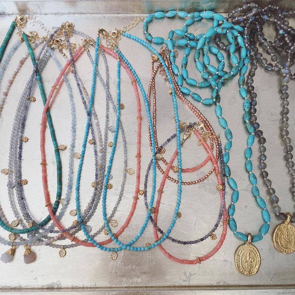 gold & gray - Wholesale Beaded/Pearl Necklace - Turquoise & Pave Oval Drops Necklace1