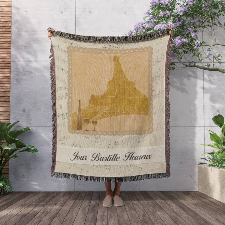 3dRose - Wholesale Throw Blanket - 3dRose, Eiffel Towel, Wine Bottle on Music Notes, Jour Bastille Heureux, Happy Bastille Day in French, Blanket2