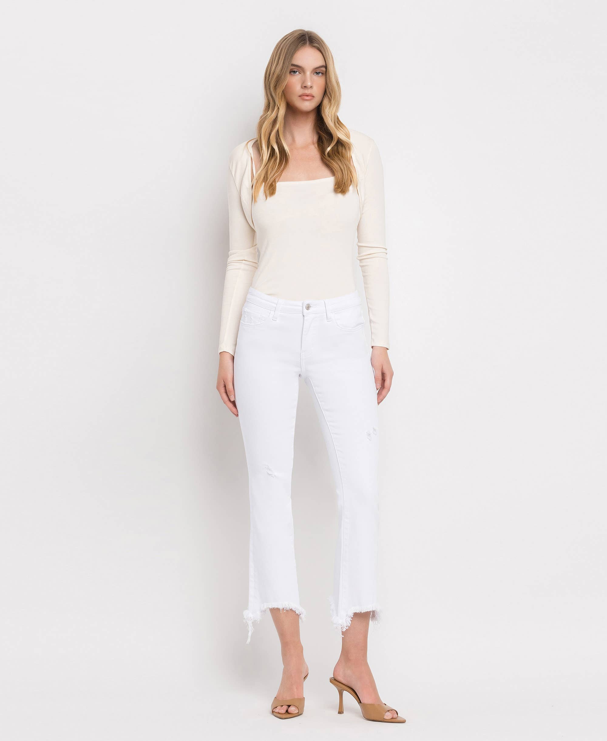 OPTIC WHITE MID RISE DISTRESSED HEM ANKLE BOOTCUT JEANS T6047WH for wholesale on Faire2