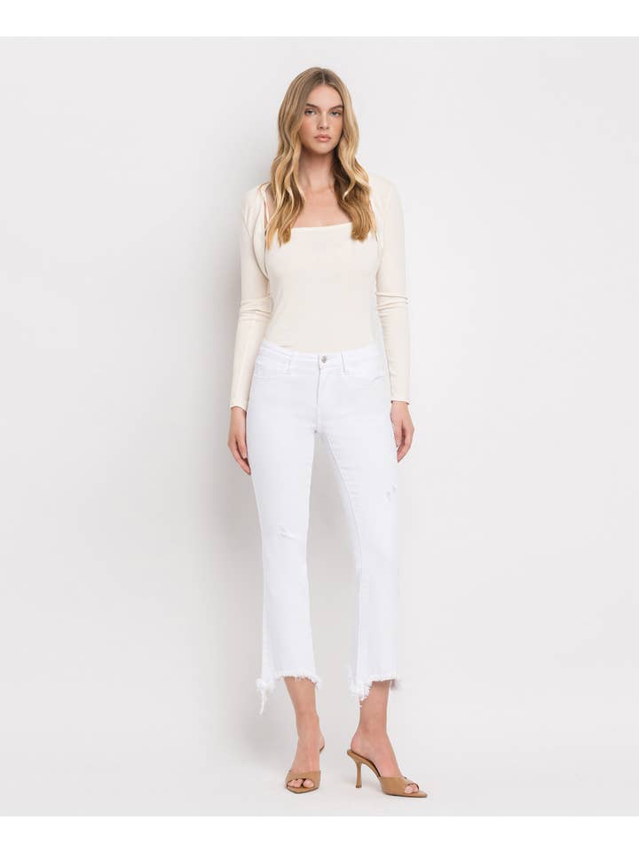 OPTIC WHITE MID RISE DISTRESSED HEM ANKLE BOOTCUT JEANS T6047WH for wholesale on Faire2