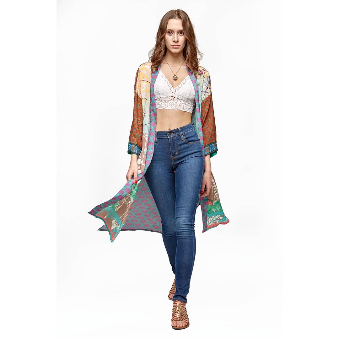 Guru - Vente Kimono – femme - Kimono Gratitude Imprimé Mixte - Sari recyclé