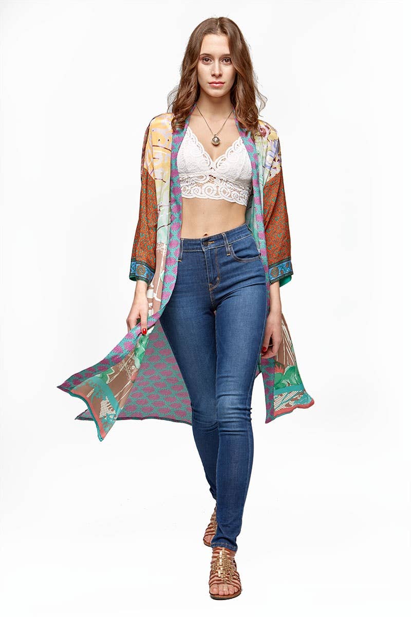 Guru - Wholesale Kimono - Women's - Gratitude Kimono Mixed Print - Upcycled Sari