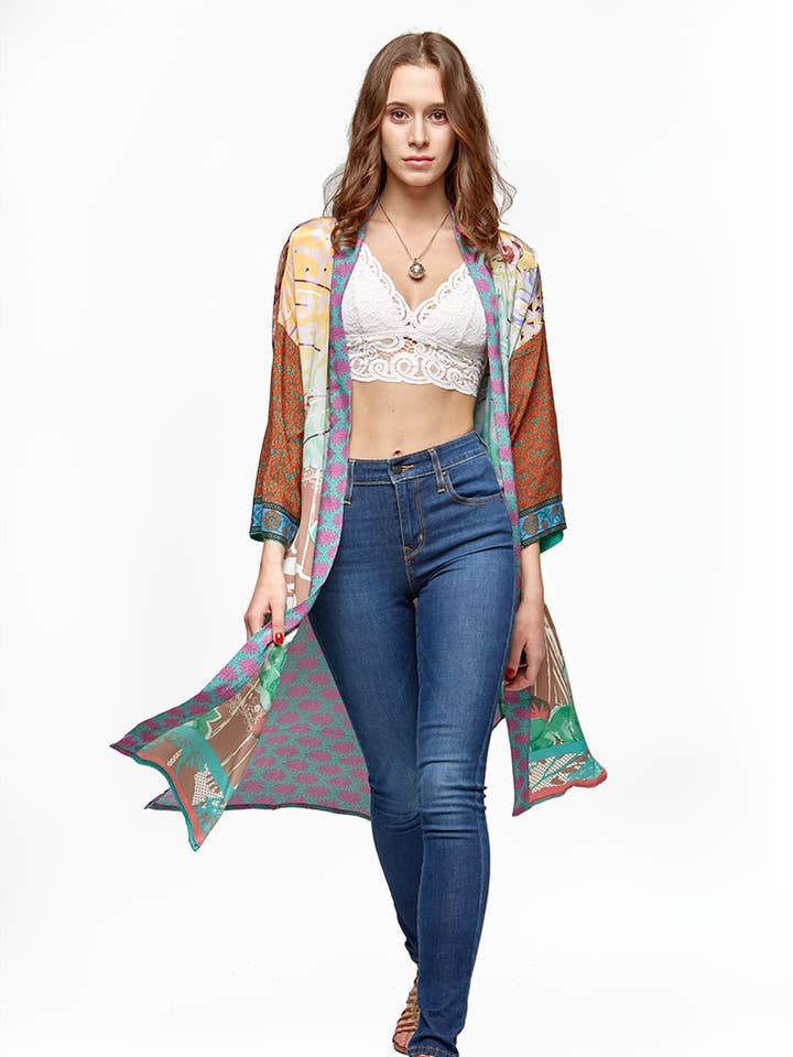 Guru - Wholesale Kimono - Women's - Gratitude Kimono Mixed Print - Upcycled Sari0
