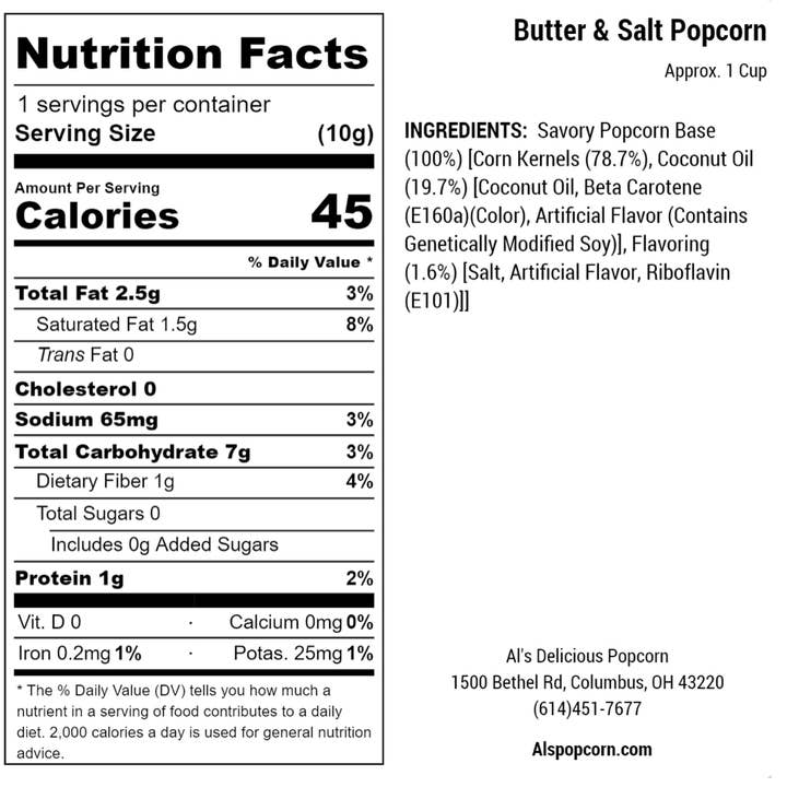 Al's Delicious Popcorn - Wholesale Popcorn - Butter & Salt Popcorn - 2.5oz