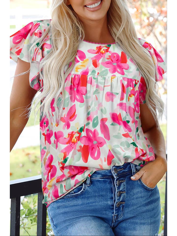 Rose Floral Flutter Sleeve Spring Blouse for wholesale on Faire