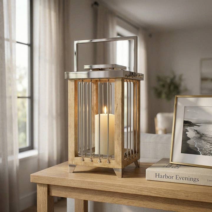 Linterna de madera y vidrio de alta calidad, rectangular, natural, metal brillante, A.49 cm para venta al por mayor de Antikas