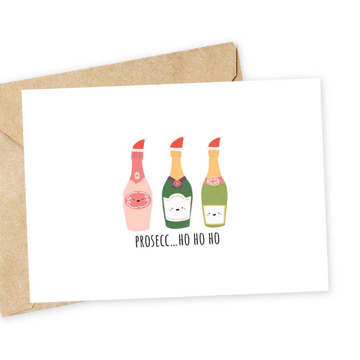Funny Prosecco Christmas Card: Punny Holiday Card for wholesale by Chewy Lemon Studio