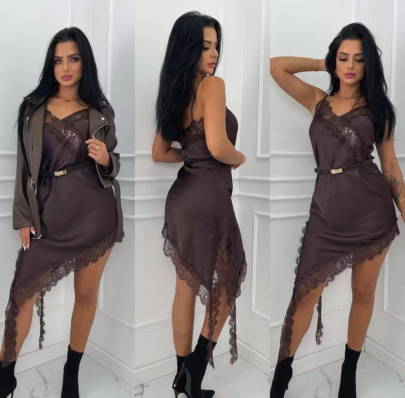 LORIANE - Wholesale Dress - Women's - 7439 Asymmetrical Short Strap Satin Dress2