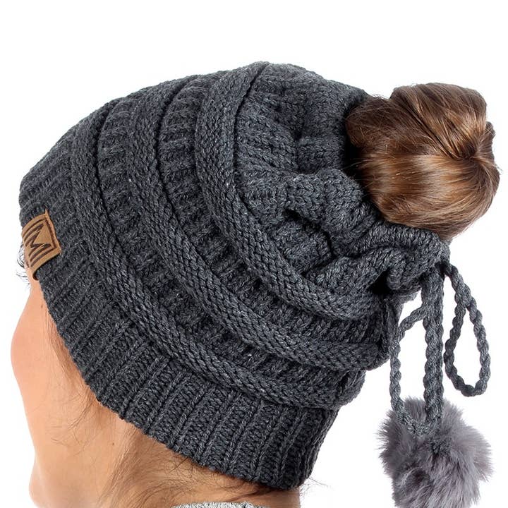 Fashion City - Wholesale Beanie – Women's - Women's Ponytail Adjustable Pom String Knit Hat3