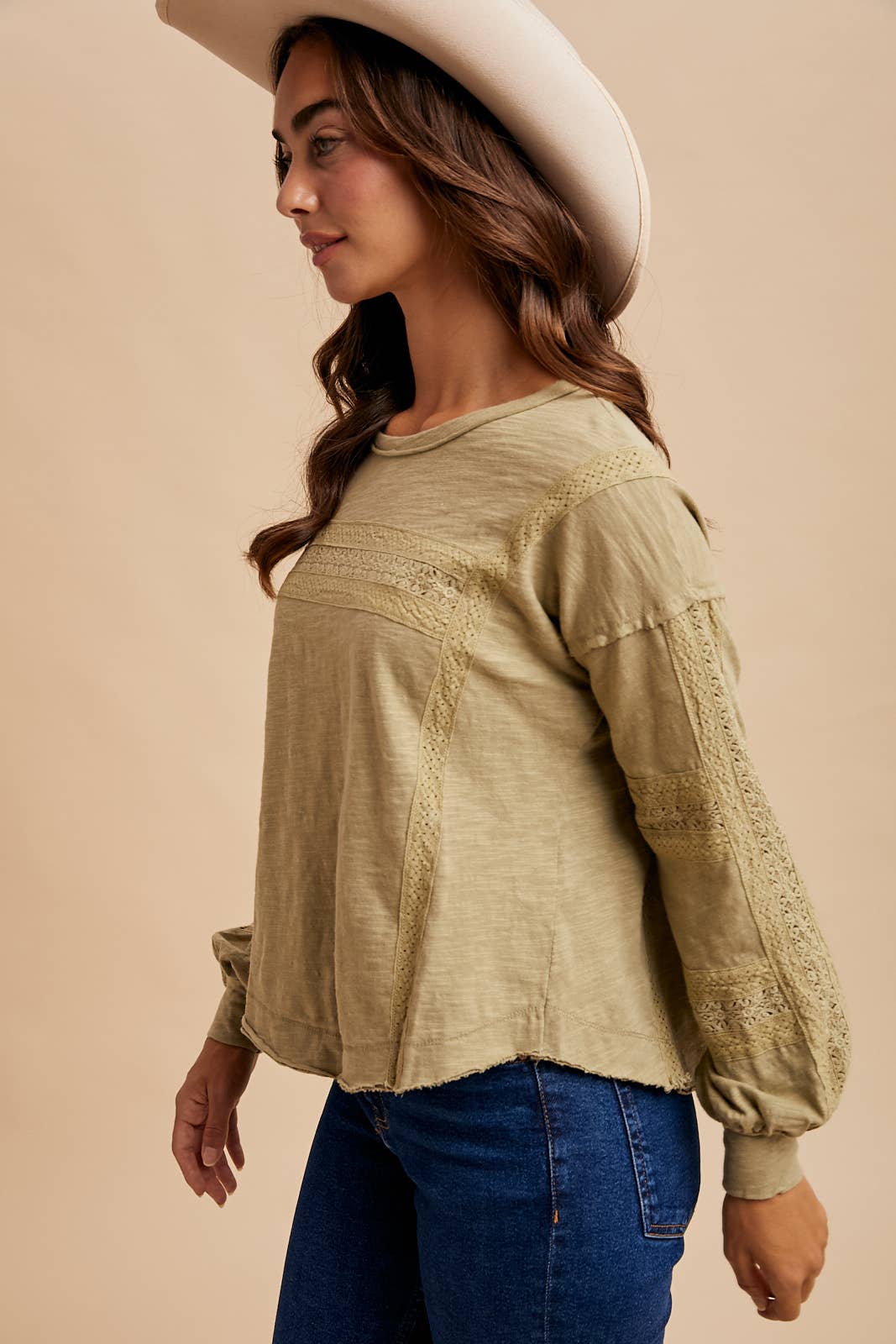 In Loom - Wholesale Blouse - Women's - GARMENT WASHED LACE INSET LONG SLEEVE TOP1