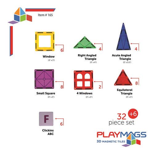 The Toy Group - Wholesale Building Set - Kids - Playmags 32 + 6 Piece Set: Now with Stronger Magnets, Sturdy