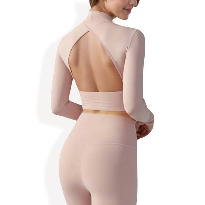 Active by Anna-Kaci - Wholesale Athletic Top - Women's - Long Sleeve Crop Top with Open Back and High Neck19