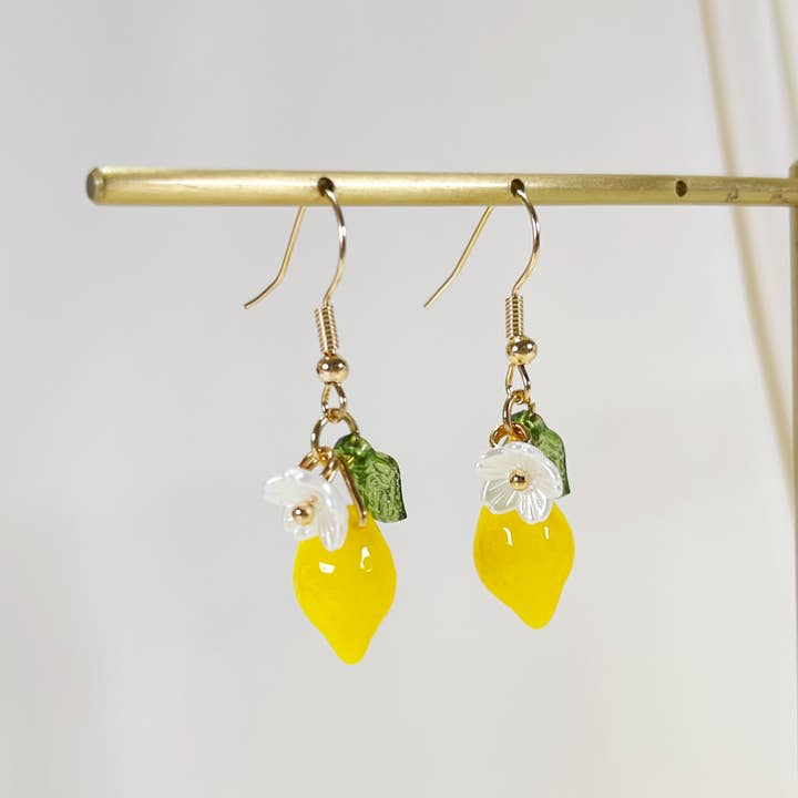 E215 lemon flower fruit dangle earrings, fruit earrings for wholesale by Melange Blanc