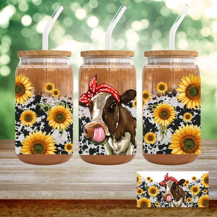 Small Biz Shipping Co - Wholesale Sublimation Transfer - Sunflower Cow - UV DTF Wrap