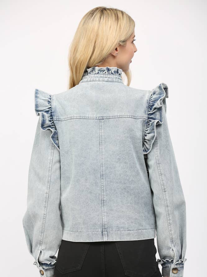 RUFFLE DETAIL WASHED DENIM JACKET FJ75137 for wholesale on Faire