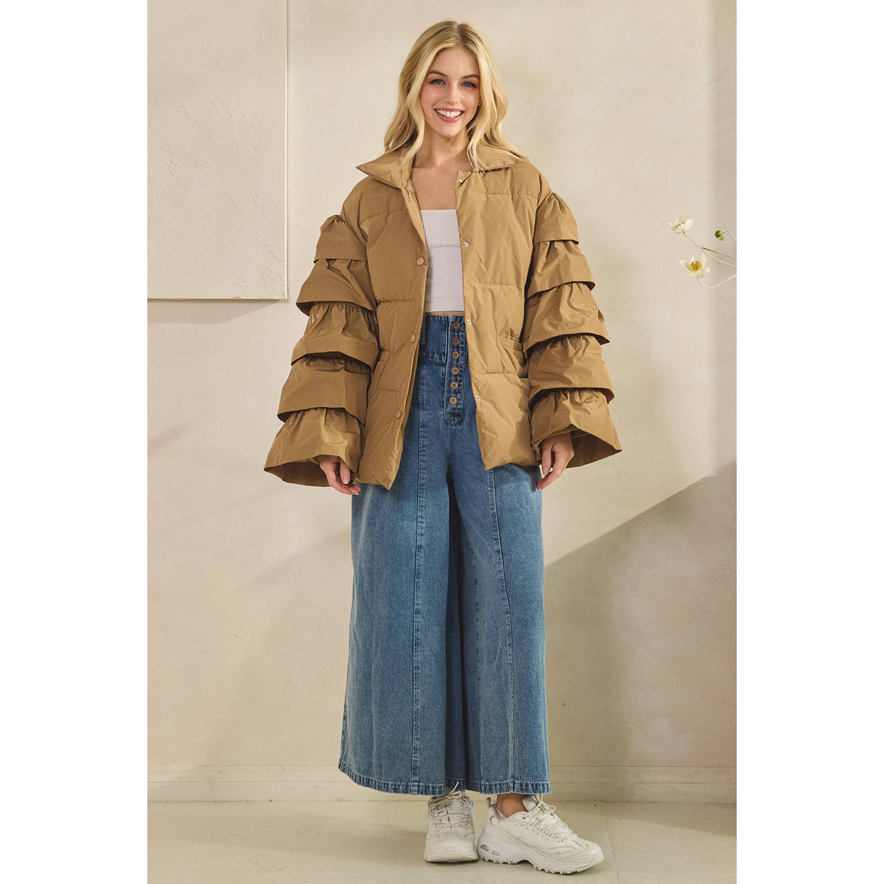 Veveret - Wholesale Jacket - Women's - Tiered Ruffle Long Sleeve Padded Jacket7