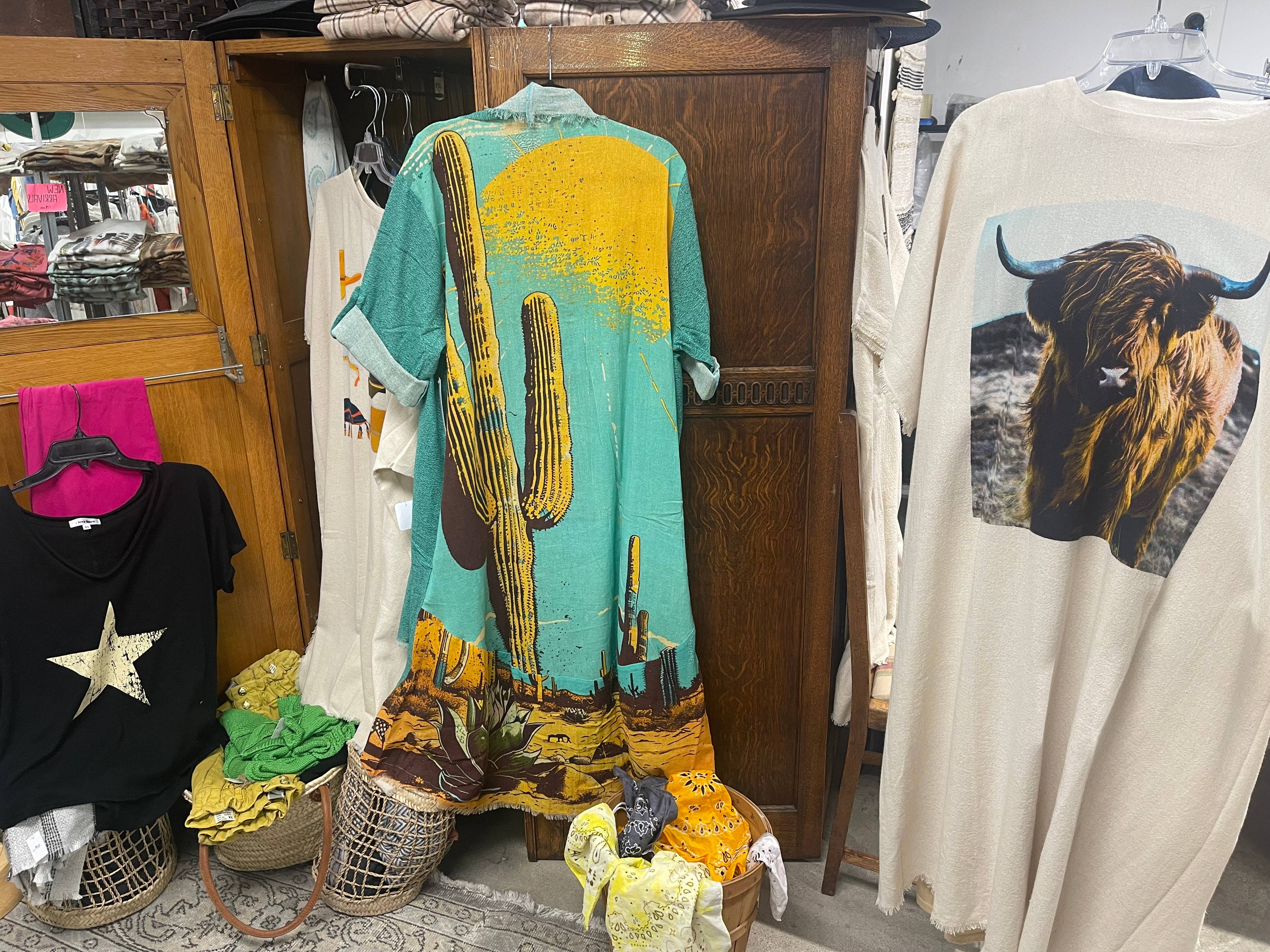 LeParisPetit by I Love Linen - Wholesale Kimono - Women's - Duster with Sunset Cactus Print in Turquoise or Orange3