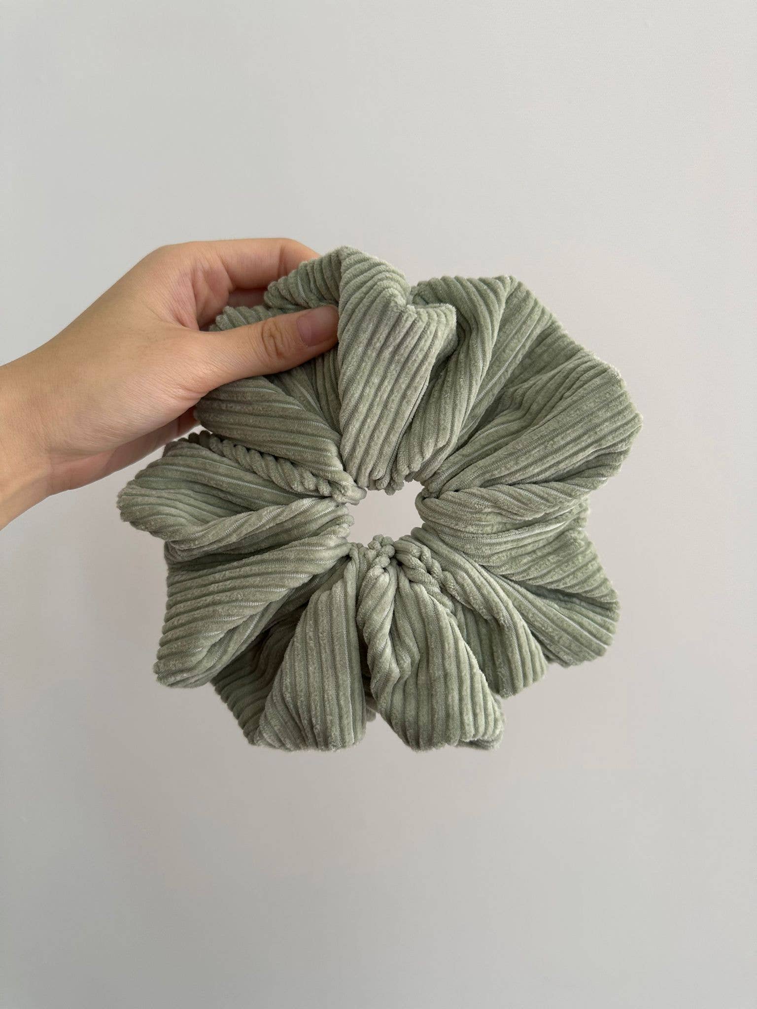 Weavey Studio - Wholesale Scrunchie - Women’s - Sage Oversized jumbo corduroy fabric scrunchie, XL scrunchie6