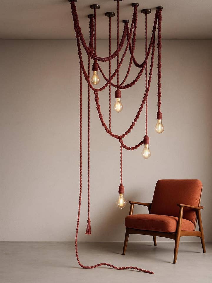 Macrame Chandelier with Glas Shades - Boho Cotton Cord Ceiling Light for Dining & Living Room for wholesale by Joy's Arts