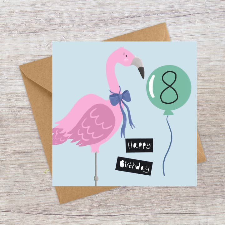 Age 8 Birthday card - Cute Flamingo for wholesale by Lucy Driver Illustration