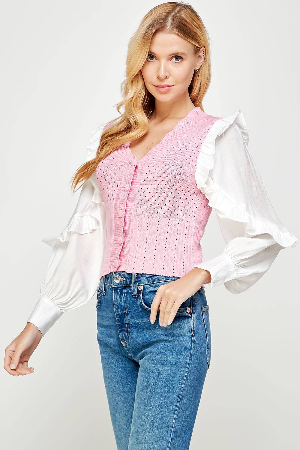 Strut & Bolt - Wholesale Knit Sweater - Women's - Mixed Fabric Ruffled Sleeve Crochet Knit Sweater6