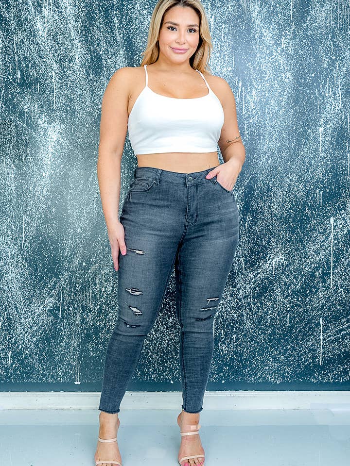 Plus Size Skinny Jeans with Light Distressing and Fringe Hem (HPS-1557-BLK) for wholesale by Wholesale Fashion Couture