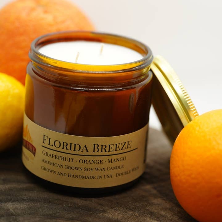 Vela de cera de soja Florida Breeze | maceta ámbar de doble mecha de 16 oz para venta al por mayor de Prairie Fire Candles