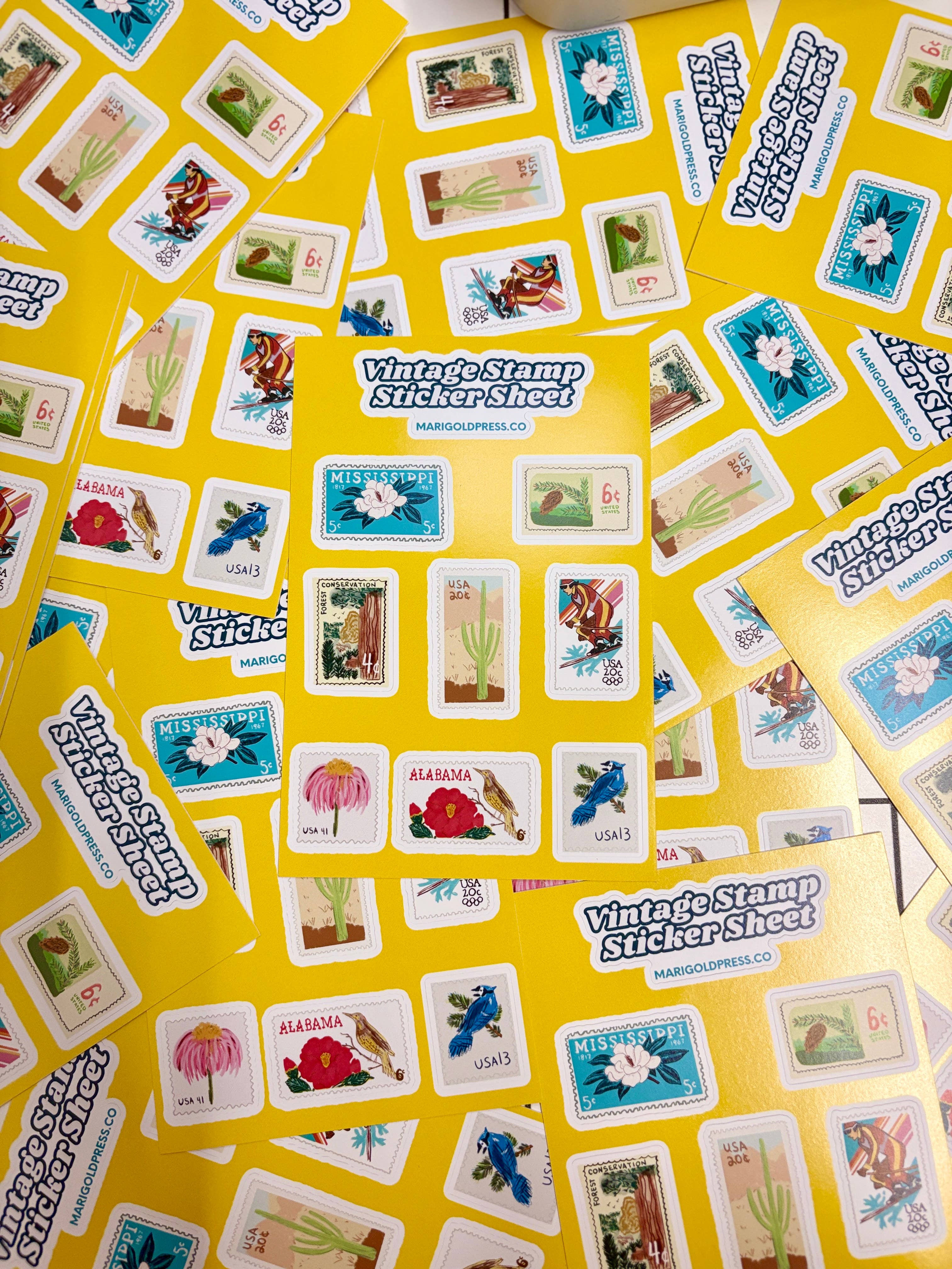 Marigold Press – Engroshandel Klistermærke – Vinyl Vintage Frimærke Klistermærkeark 4 x 62