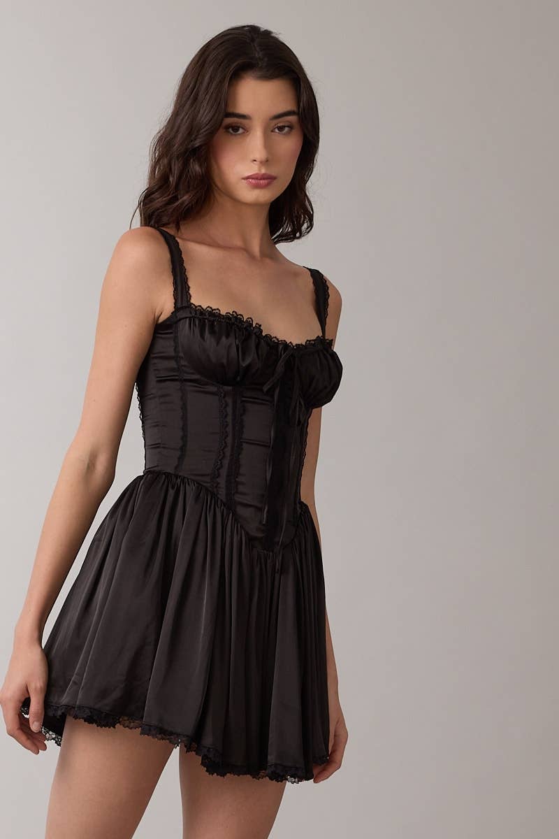 Sky to Moon - Wholesale Dress - Women's - SATIN CORSET SHAPE LACE TRIM FLARE MINI DRESS1