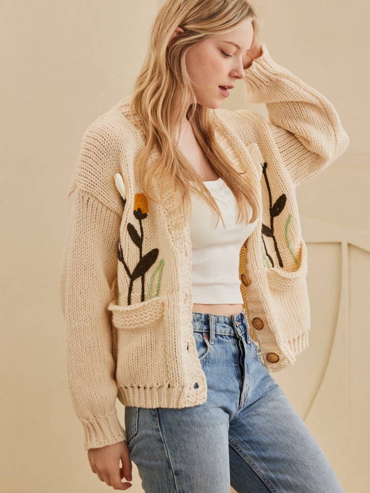 Cream Flower Embroidered Knit Cardigan for wholesale on Faire