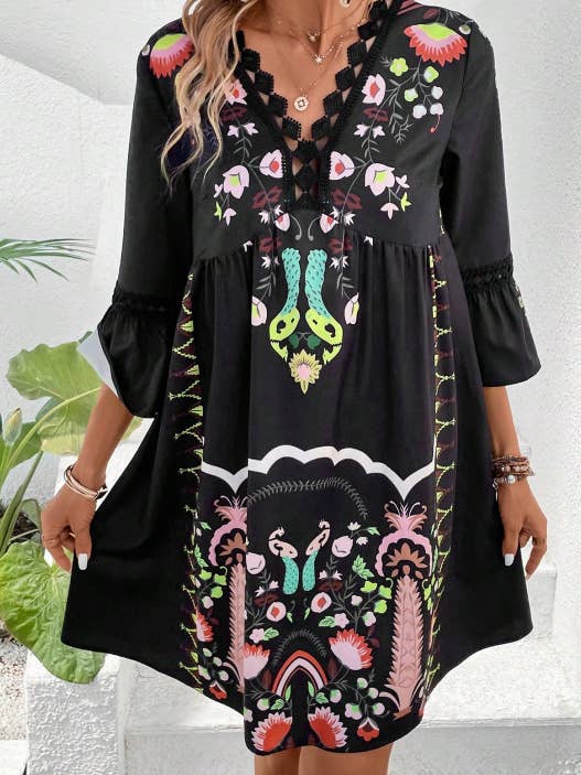 Comely Fashion - Wholesale Dress - Women's - Floral Printed Lace Patchwork V-neck Summer Dress