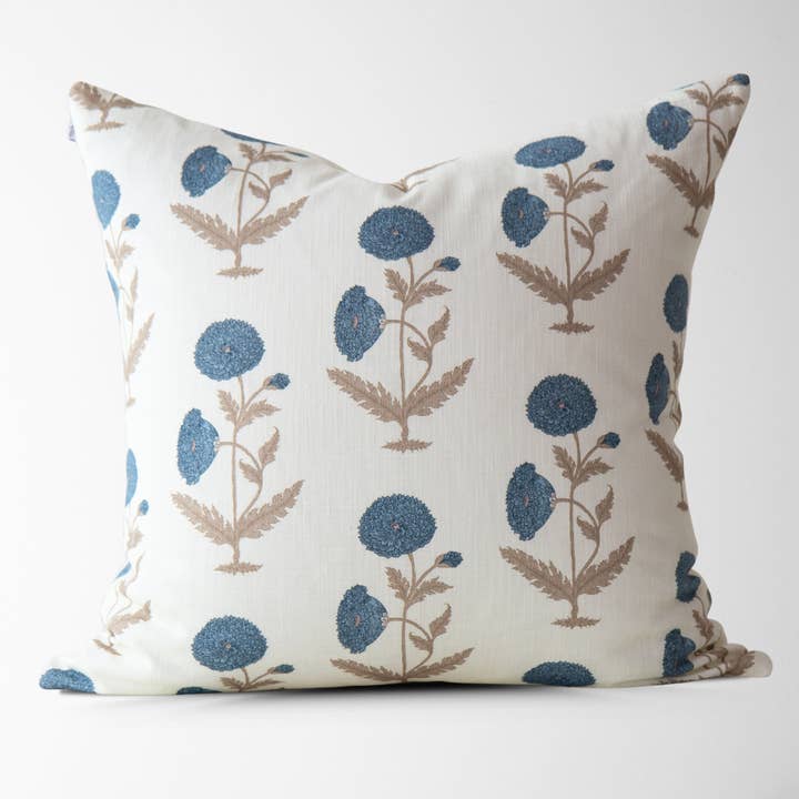Daisy Blue Floral Block Print Pillow Cover  for wholesale by Tajik  Home  LLC