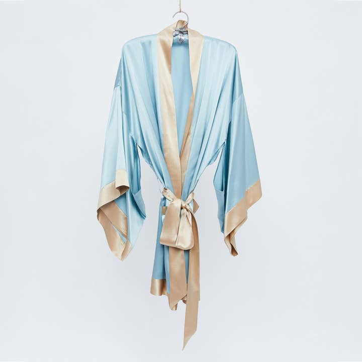The Geisha Robe - Blue with Toffee Trim for wholesale by Branché